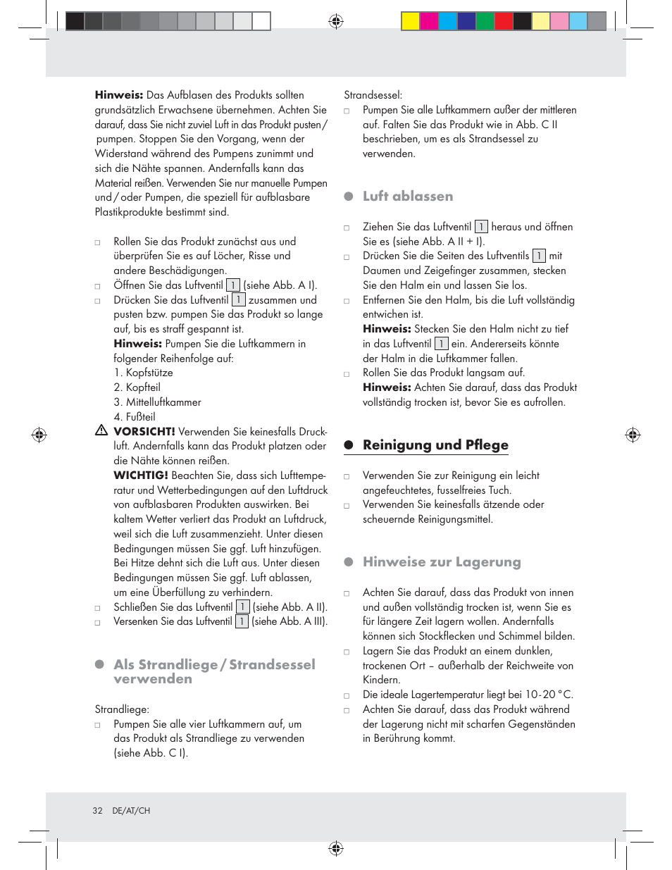 Als strandliege / strandsessel verwenden, Luft ablassen, Reinigung und pﬂege | Hinweise zur lagerung | Crivit Z31426A_B User Manual | Page 32 / 34