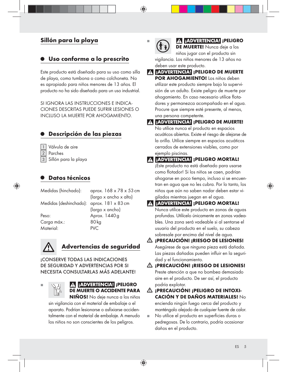 Sillón para la playa, Uso conforme a lo prescrito, Descripción de las piezas | Datos técnicos, Advertencias de seguridad | Crivit Z31426A_B User Manual | Page 5 / 34