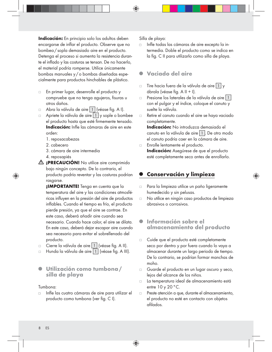 Utilización como tumbona / silla de playa, Vaciado del aire, Conservación y limpieza | Información sobre el almacenamiento del producto | Crivit Z31426A_B User Manual | Page 8 / 34