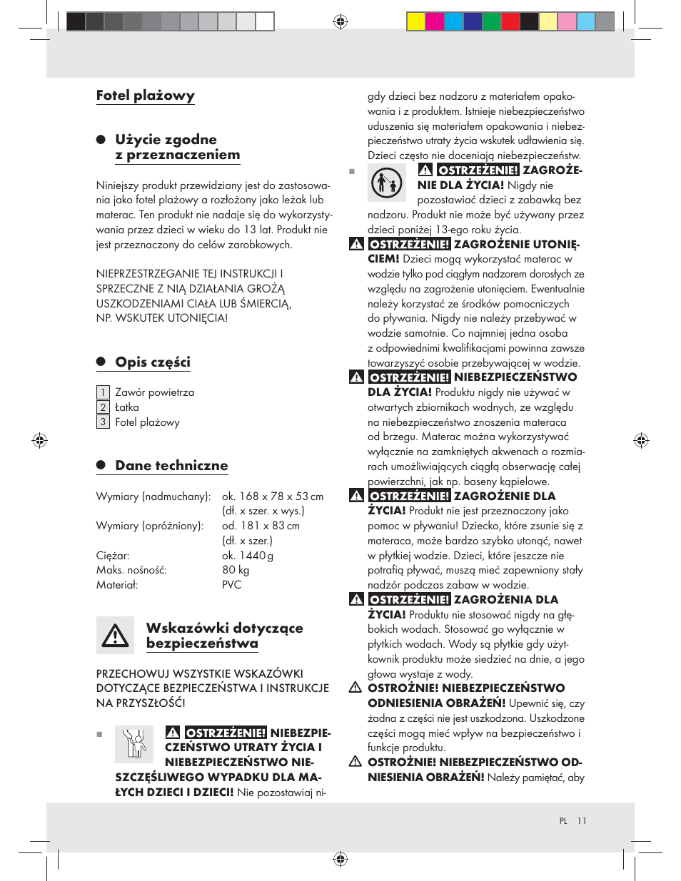 Fotel plażowy, Użycie zgodne z przeznaczeniem, Opis części | Dane techniczne, Wskazówki dotyczące bezpieczeństwa | Crivit Z31426A_B User Manual | Page 11 / 46