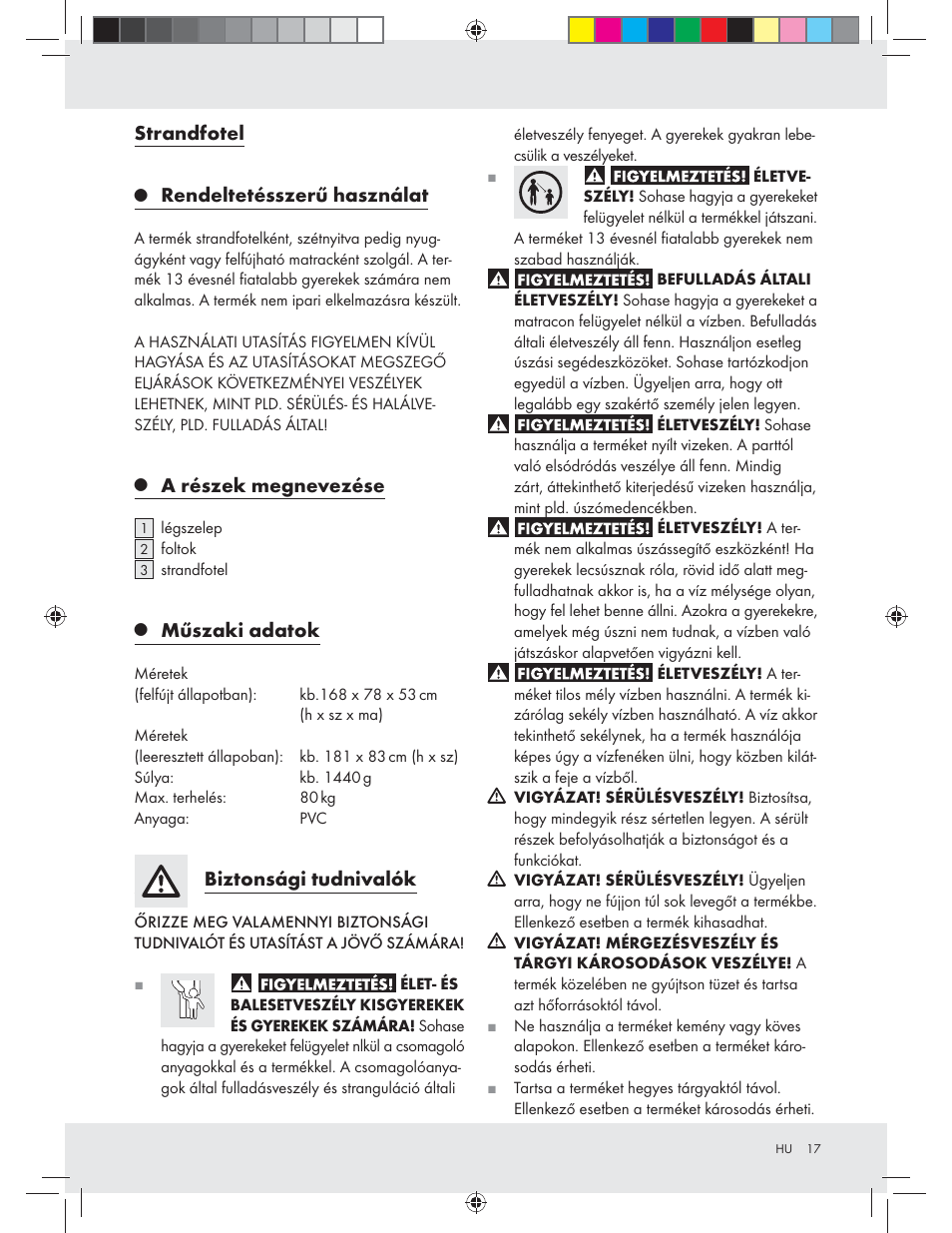 Strandfotel, Rendeltetésszerű használat, A részek megnevezése | Műszaki adatok, Biztonsági tudnivalók | Crivit Z31426A_B User Manual | Page 17 / 46
