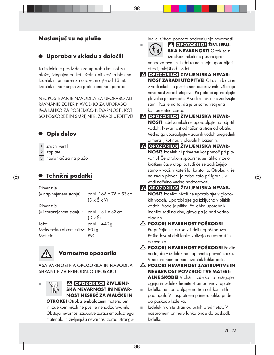 Naslanjač za na plažo, Uporaba v skladu z določili, Opis delov | Tehnični podatki, Varnostna opozorila | Crivit Z31426A_B User Manual | Page 23 / 46