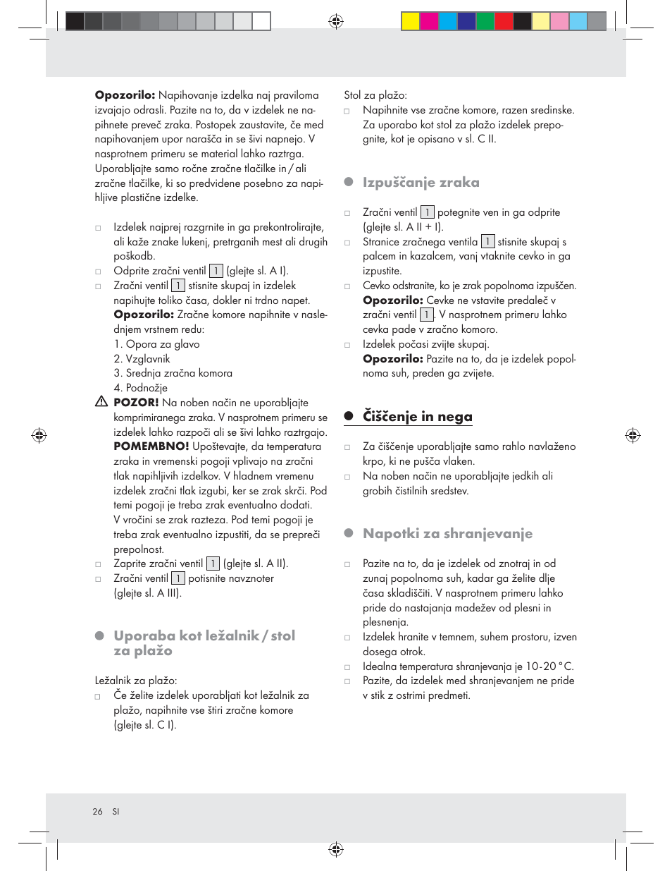Uporaba kot ležalnik / stol za plažo, Izpuščanje zraka, Čiščenje in nega | Napotki za shranjevanje | Crivit Z31426A_B User Manual | Page 26 / 46