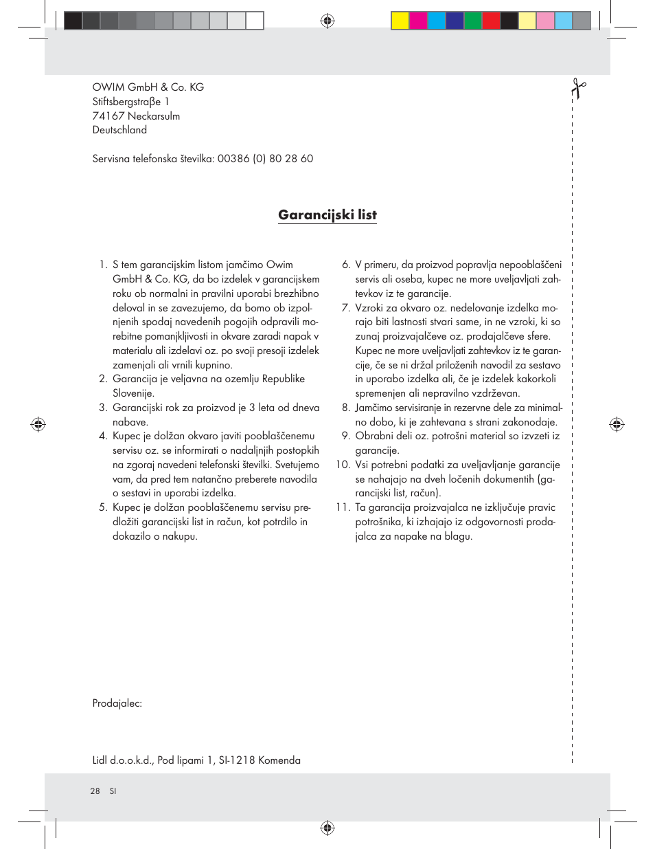 Garancijski list | Crivit Z31426A_B User Manual | Page 28 / 46