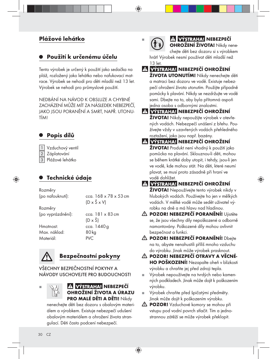 Plážové lehátko, Použití k určenému účelu, Popis dílů | Technické údaje, Bezpečnostní pokyny | Crivit Z31426A_B User Manual | Page 30 / 46