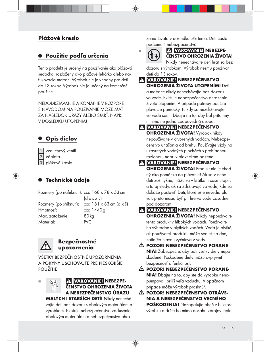 Plážové kreslo, Použitie podľa určenia, Opis dielov | Technické údaje, Bezpečnostné upozornenia | Crivit Z31426A_B User Manual | Page 35 / 46