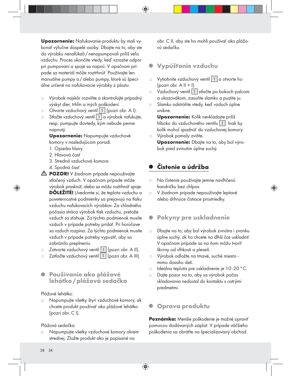 Používanie ako plážové lehátko / plážová sedačka, Vypúšťanie vzduchu, Čistenie a údržba | Pokyny pre uskladnenie, Oprava produktu | Crivit Z31426A_B User Manual | Page 38 / 46