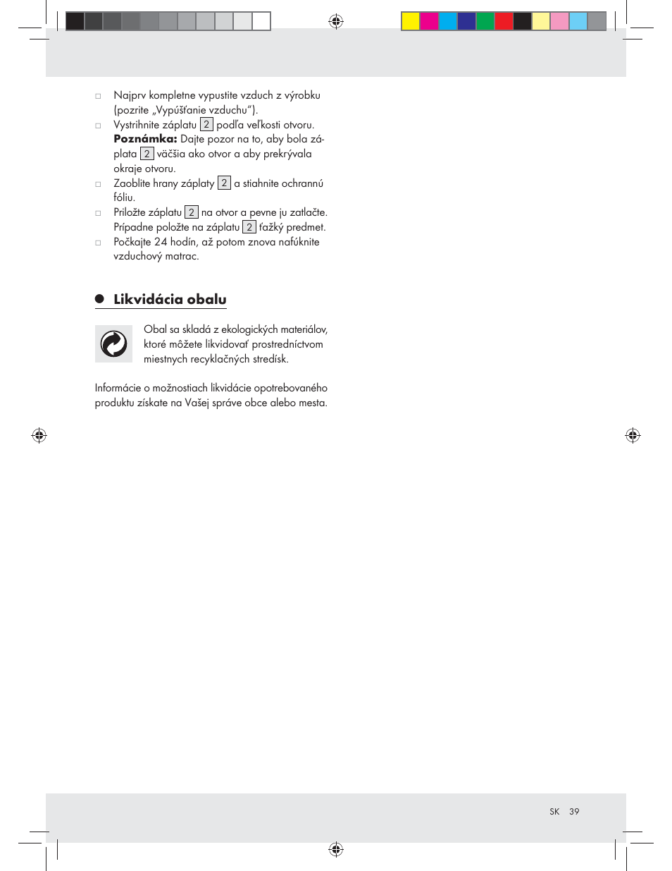 Likvidácia obalu | Crivit Z31426A_B User Manual | Page 39 / 46