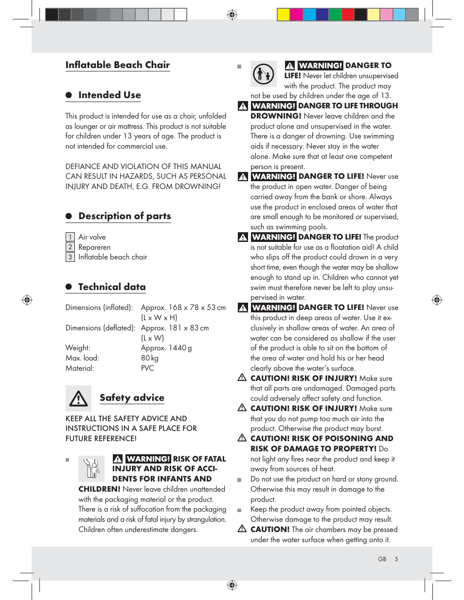 Inﬂatable beach chair, Intended use, Description of parts | Technical data, Safety advice | Crivit Z31426A_B User Manual | Page 5 / 46