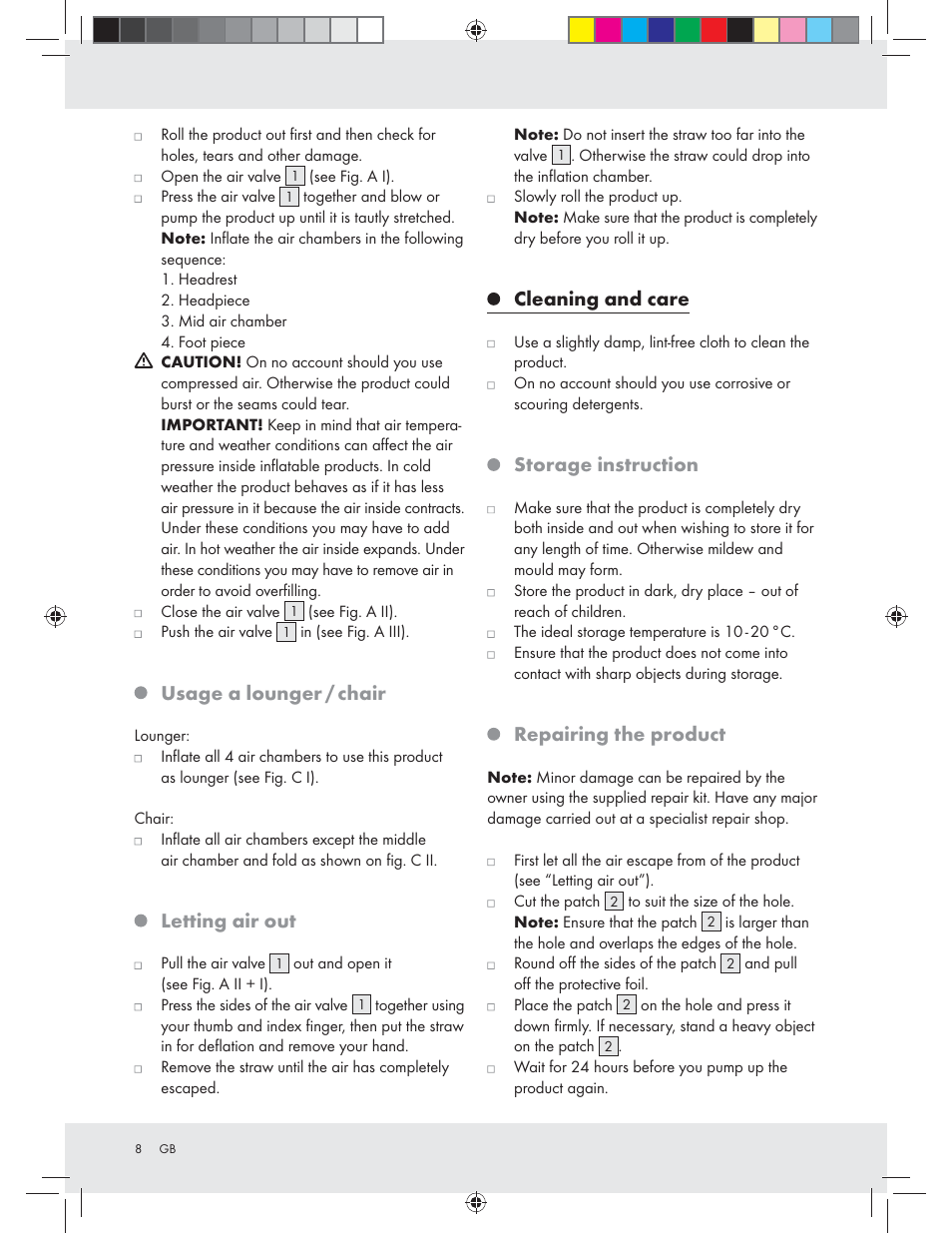 Usage a lounger / chair, Letting air out, Cleaning and care | Storage instruction, Repairing the product | Crivit Z31426A_B User Manual | Page 8 / 46