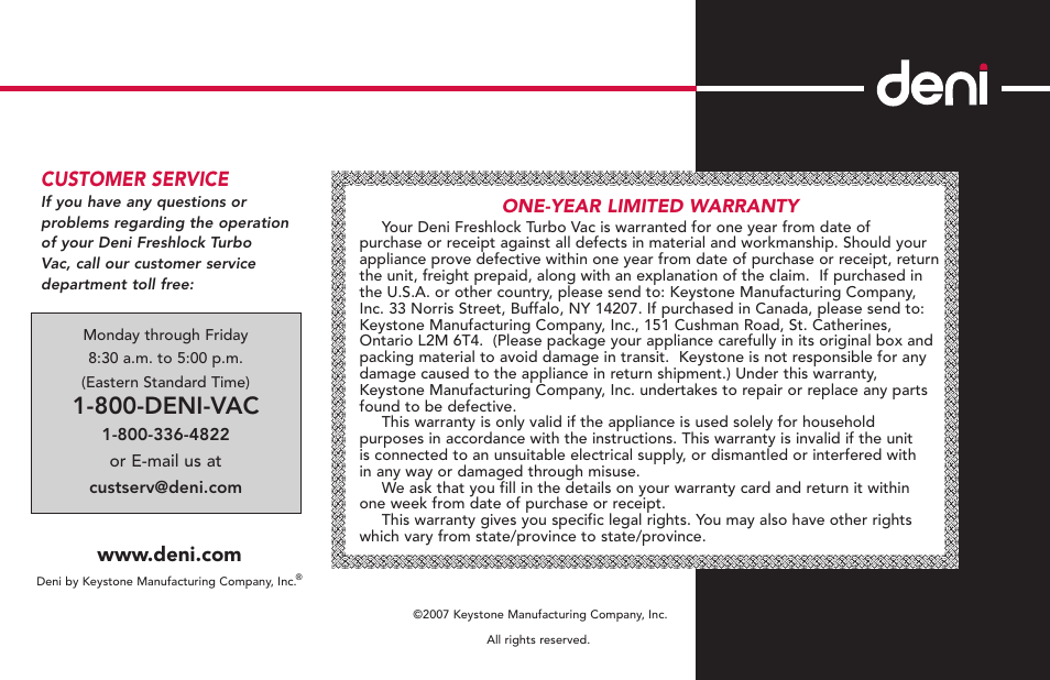 800-deni-vac, Customer service | Deni Freshlock 1831 User Manual | Page 10 / 10