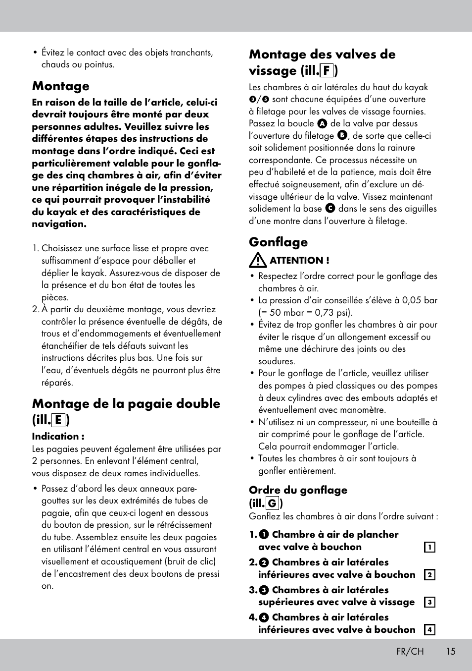 Montage, Montage de la pagaie double (ill. e ), Montage des valves de vissage (ill. f ) | Gonflage | Crivit 2-PERSONEN-KAJAK User Manual | Page 13 / 38