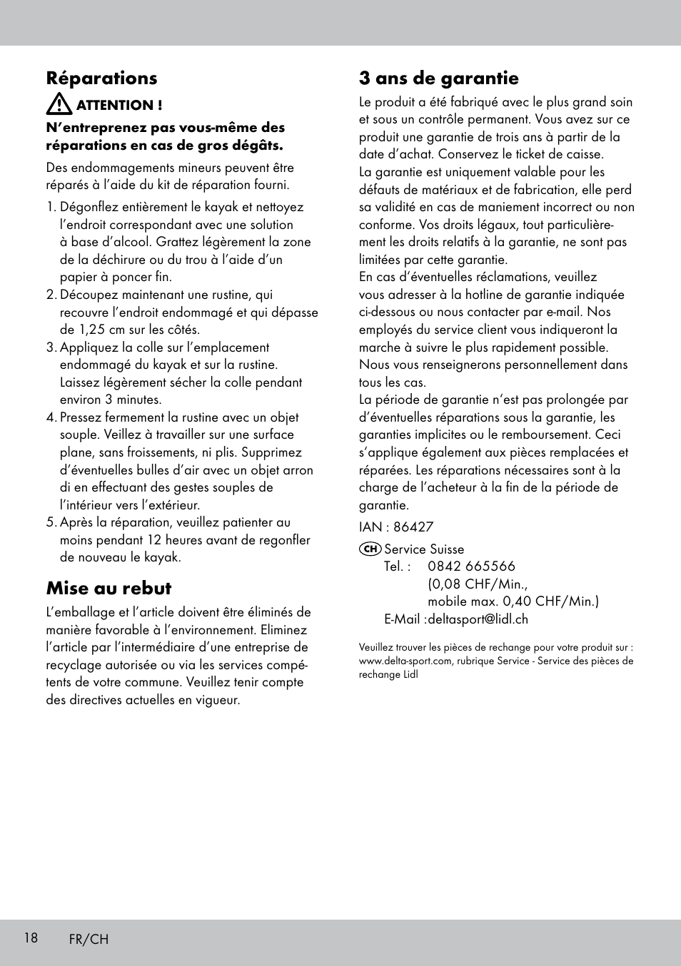 Réparations, Mise au rebut, 3 ans de garantie | Crivit 2-PERSONEN-KAJAK User Manual | Page 16 / 38