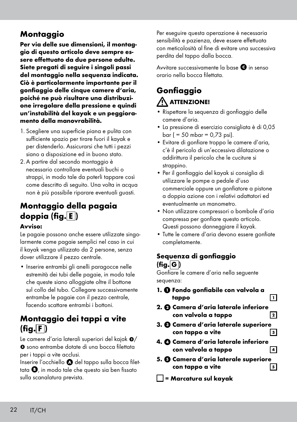 Montaggio, Montaggio della pagaia doppia (fig. e ), Montaggio dei tappi a vite (fig. f ) | Gonfiaggio | Crivit 2-PERSONEN-KAJAK User Manual | Page 20 / 38