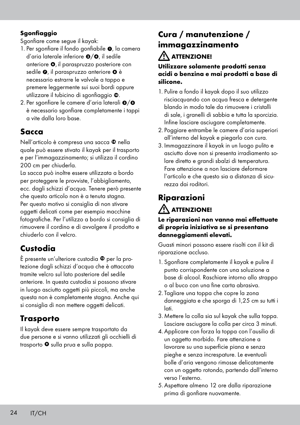 Sacca, Custodia, Trasporto | Cura / manutenzione / immagazzinamento, Riparazioni | Crivit 2-PERSONEN-KAJAK User Manual | Page 22 / 38