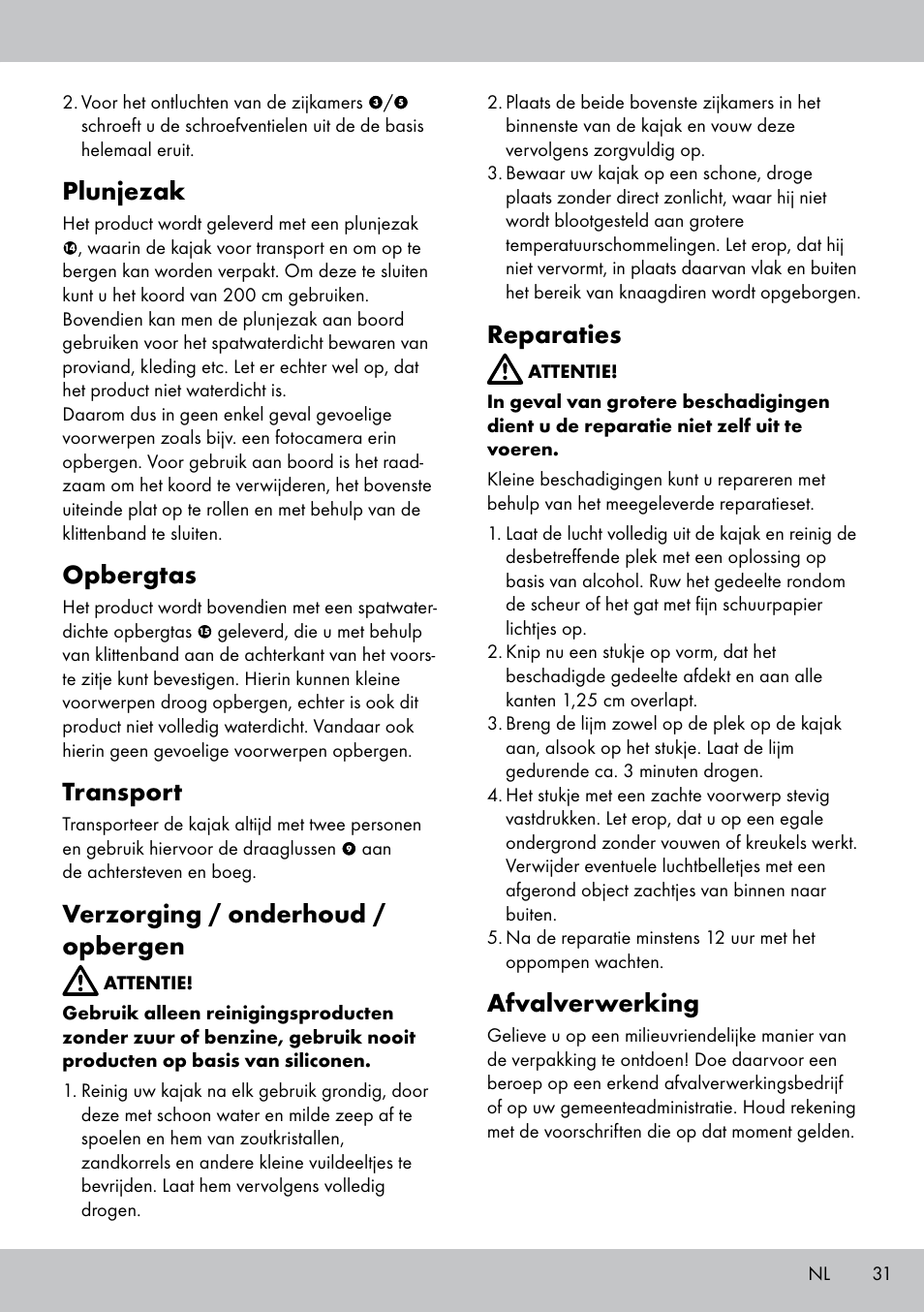 Plunjezak, Opbergtas, Transport | Verzorging / onderhoud / opbergen, Reparaties, Afvalverwerking | Crivit 2-PERSONEN-KAJAK User Manual | Page 29 / 38