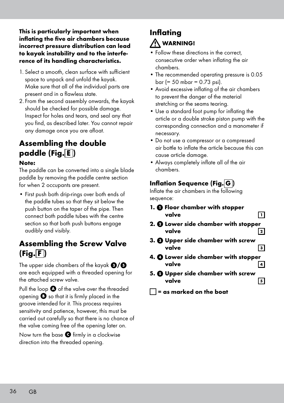 Assembling the double paddle (fig. e ), Assembling the screw valve (fig. f ), Inflating | Crivit 2-PERSONEN-KAJAK User Manual | Page 34 / 38