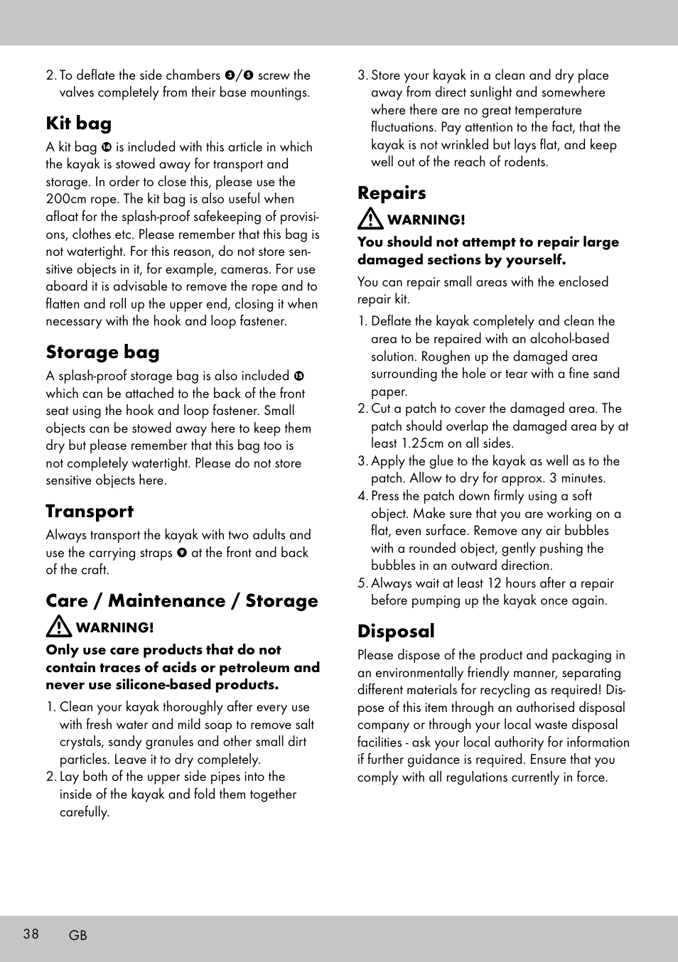 Kit bag, Storage bag, Transport | Care / maintenance / storage, Repairs, Disposal | Crivit 2-PERSONEN-KAJAK User Manual | Page 36 / 38