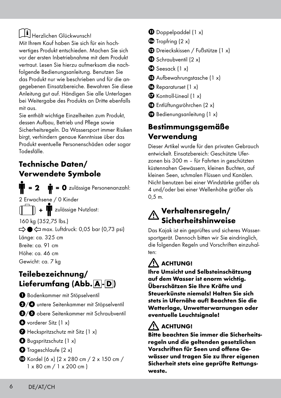 Technische daten/ verwendete symbole, Teilebezeichnung/ lieferumfang (abb. a - d ), Bestimmungsgemäße verwendung | Verhaltensregeln/ sicherheitshinweise | Crivit 2-PERSONEN-KAJAK User Manual | Page 4 / 38