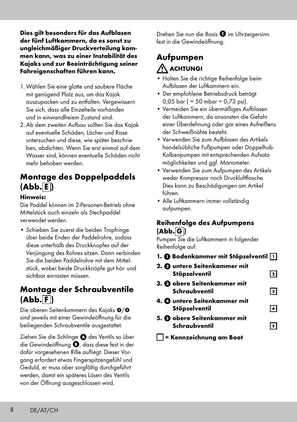 Montage des doppelpaddels (abb. e ), Montage der schraubventile (abb. f ), Aufpumpen | Crivit 2-PERSONEN-KAJAK User Manual | Page 6 / 38