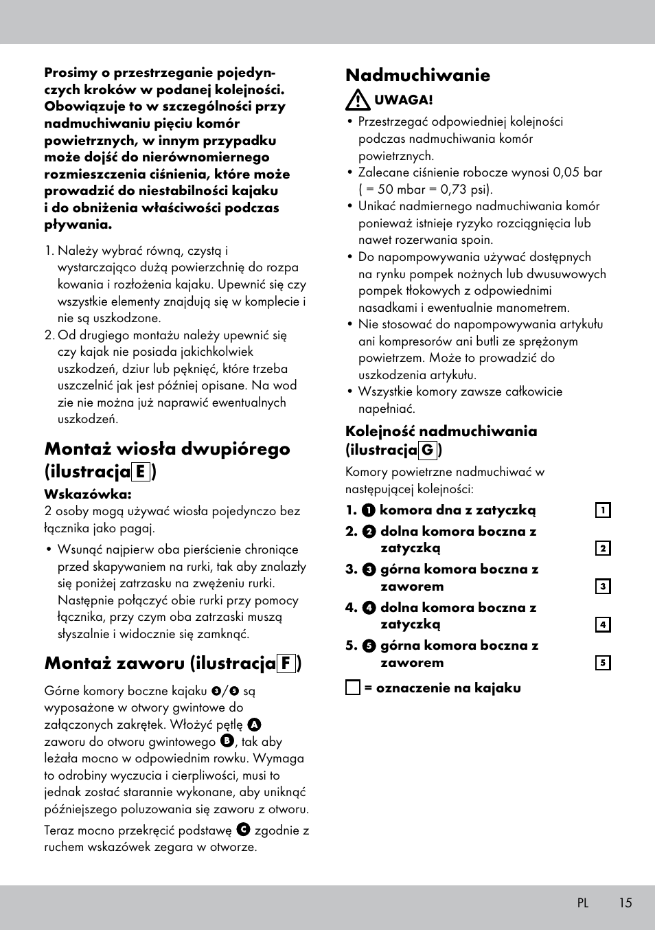 Montaż wiosła dwupiórego (ilustracja e ), Montaż zaworu (ilustracja f ), Nadmuchiwanie | Crivit 2-PERSONEN-KAJAK User Manual | Page 13 / 54