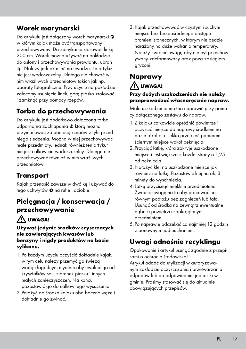 Worek marynarski, Torba do przechowywania, Transport | Pielęgnacja / konserwacja / przechowywanie, Naprawy, Uwagi odnośnie recyklingu | Crivit 2-PERSONEN-KAJAK User Manual | Page 15 / 54