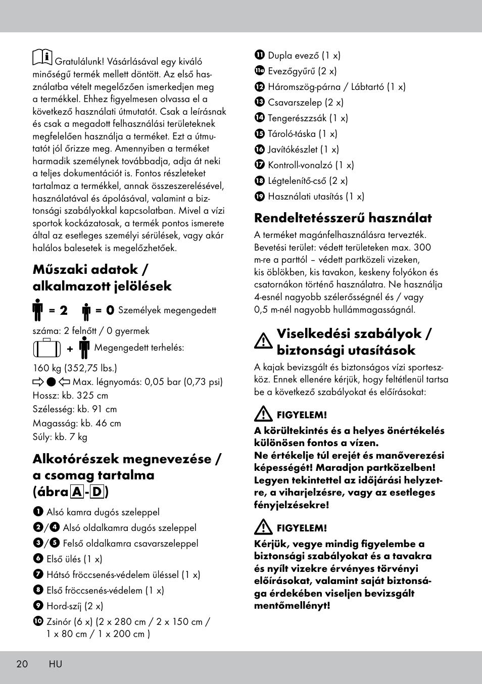 Műszaki adatok / alkalmazott jelölések, Rendeltetésszerű használat, Viselkedési szabályok / biztonsági utasítások | Crivit 2-PERSONEN-KAJAK User Manual | Page 18 / 54