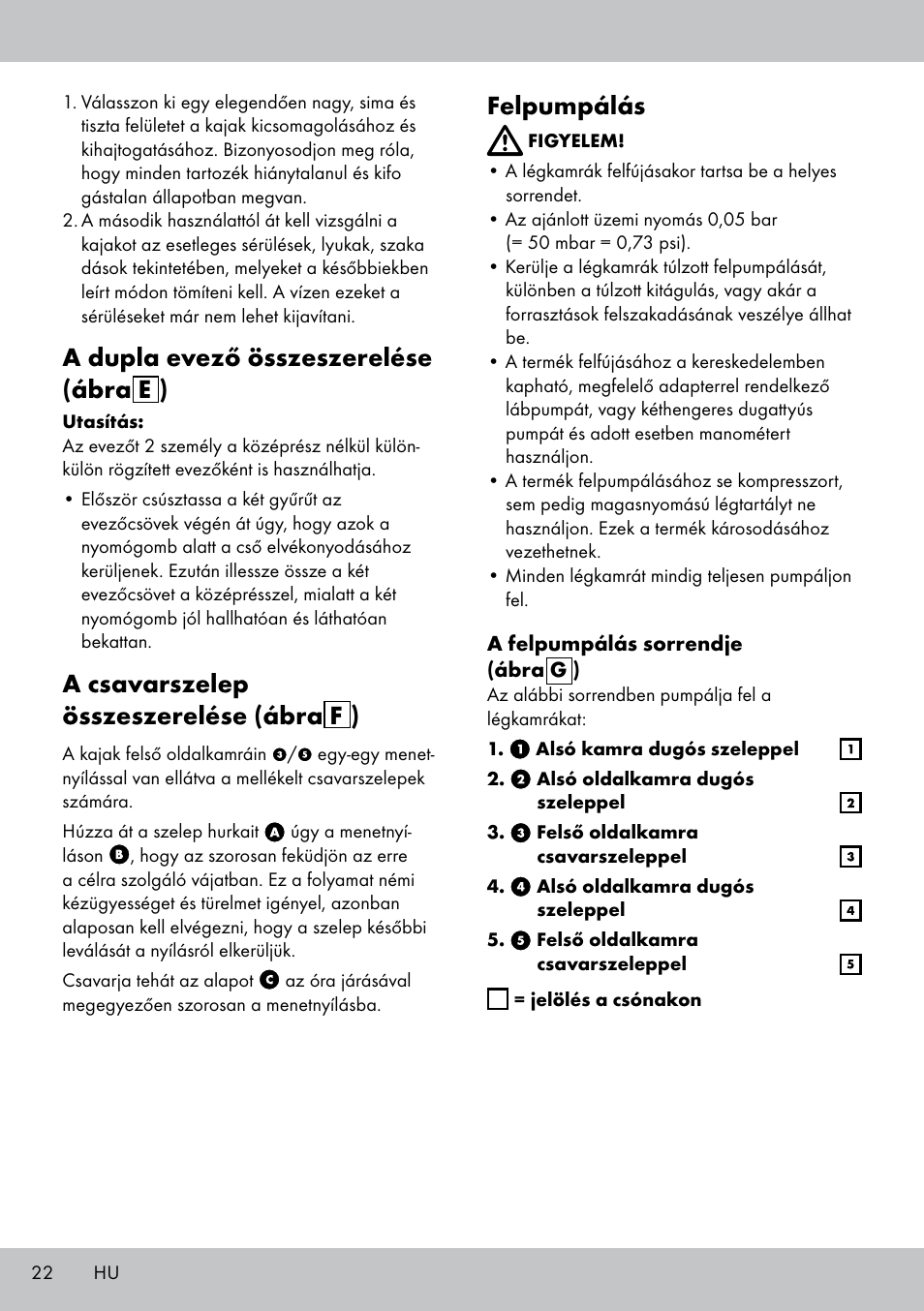 A dupla evező összeszerelése (ábra e ), A csavarszelep összeszerelése (ábra f ), Felpumpálás | Crivit 2-PERSONEN-KAJAK User Manual | Page 20 / 54