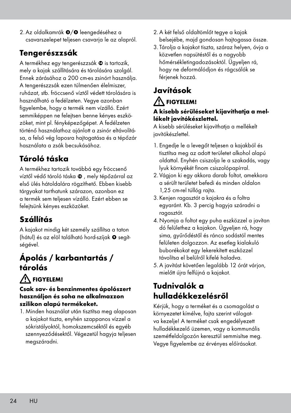 Tengerészzsák, Tároló táska, Szállítás | Ápolás / karbantartás / tárolás, Javítások, Tudnivalók a hulladékkezelésről | Crivit 2-PERSONEN-KAJAK User Manual | Page 22 / 54