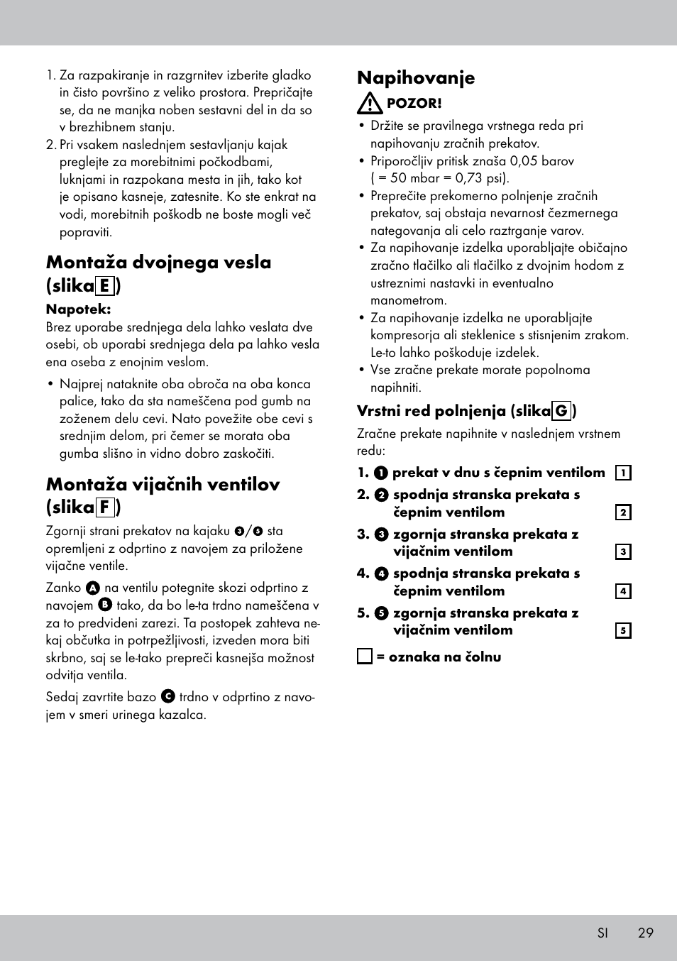 Montaža dvojnega vesla (slika e ), Montaža vijačnih ventilov (slika f ), Napihovanje | Crivit 2-PERSONEN-KAJAK User Manual | Page 27 / 54