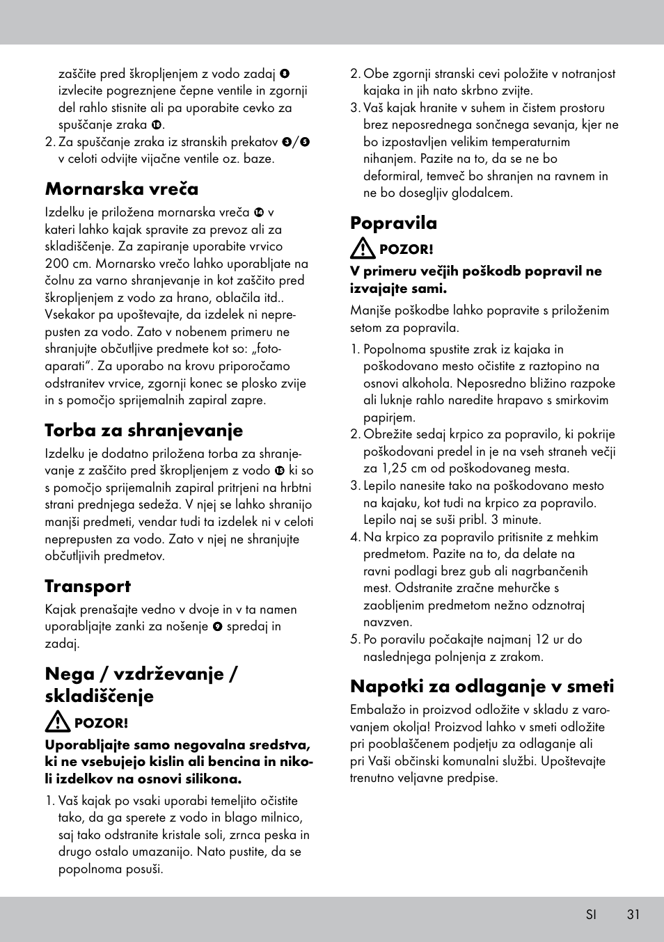 Mornarska vreča, Torba za shranjevanje, Transport | Nega / vzdrževanje / skladiščenje, Popravila, Napotki za odlaganje v smeti | Crivit 2-PERSONEN-KAJAK User Manual | Page 29 / 54