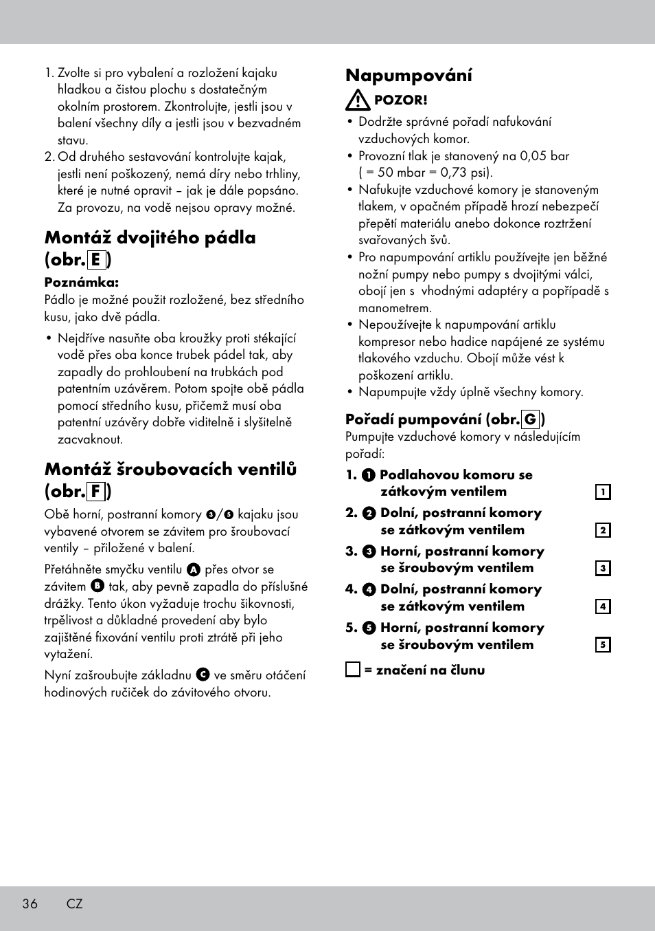 Montáž dvojitého pádla (obr. e ), Montáž šroubovacích ventilů (obr. f ), Napumpování | Crivit 2-PERSONEN-KAJAK User Manual | Page 34 / 54