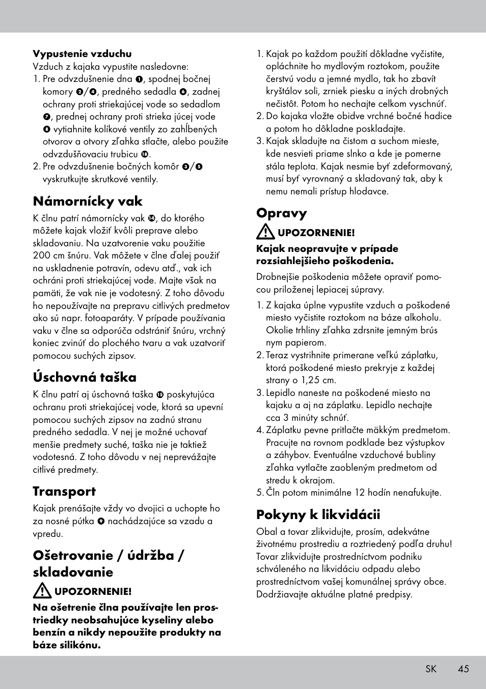 Námornícky vak, Úschovná taška, Transport | Ošetrovanie / údržba / skladovanie, Opravy, Pokyny k likvidácii | Crivit 2-PERSONEN-KAJAK User Manual | Page 43 / 54