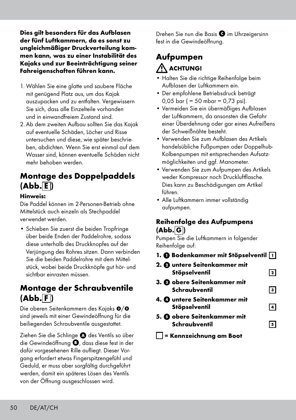 Montage des doppelpaddels (abb. e ), Montage der schraubventile (abb. f ), Aufpumpen | Crivit 2-PERSONEN-KAJAK User Manual | Page 48 / 54