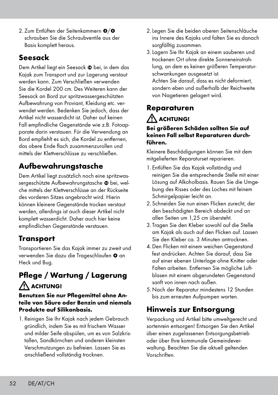 Seesack, Aufbewahrungstasche, Transport | Pflege / wartung / lagerung, Reparaturen, Hinweis zur entsorgung | Crivit 2-PERSONEN-KAJAK User Manual | Page 50 / 54