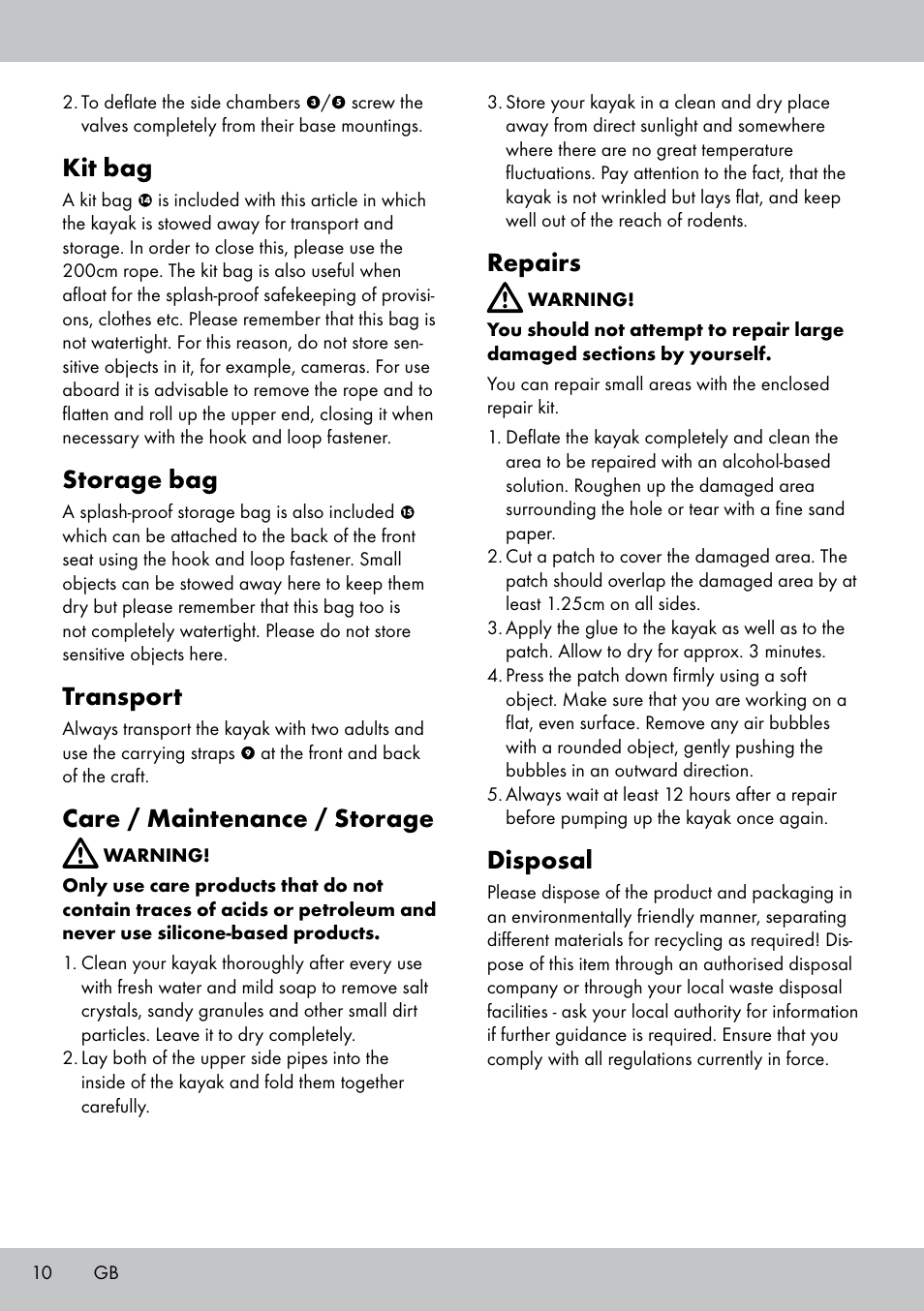 Kit bag, Storage bag, Transport | Care / maintenance / storage, Repairs, Disposal | Crivit 2-PERSONEN-KAJAK User Manual | Page 8 / 54