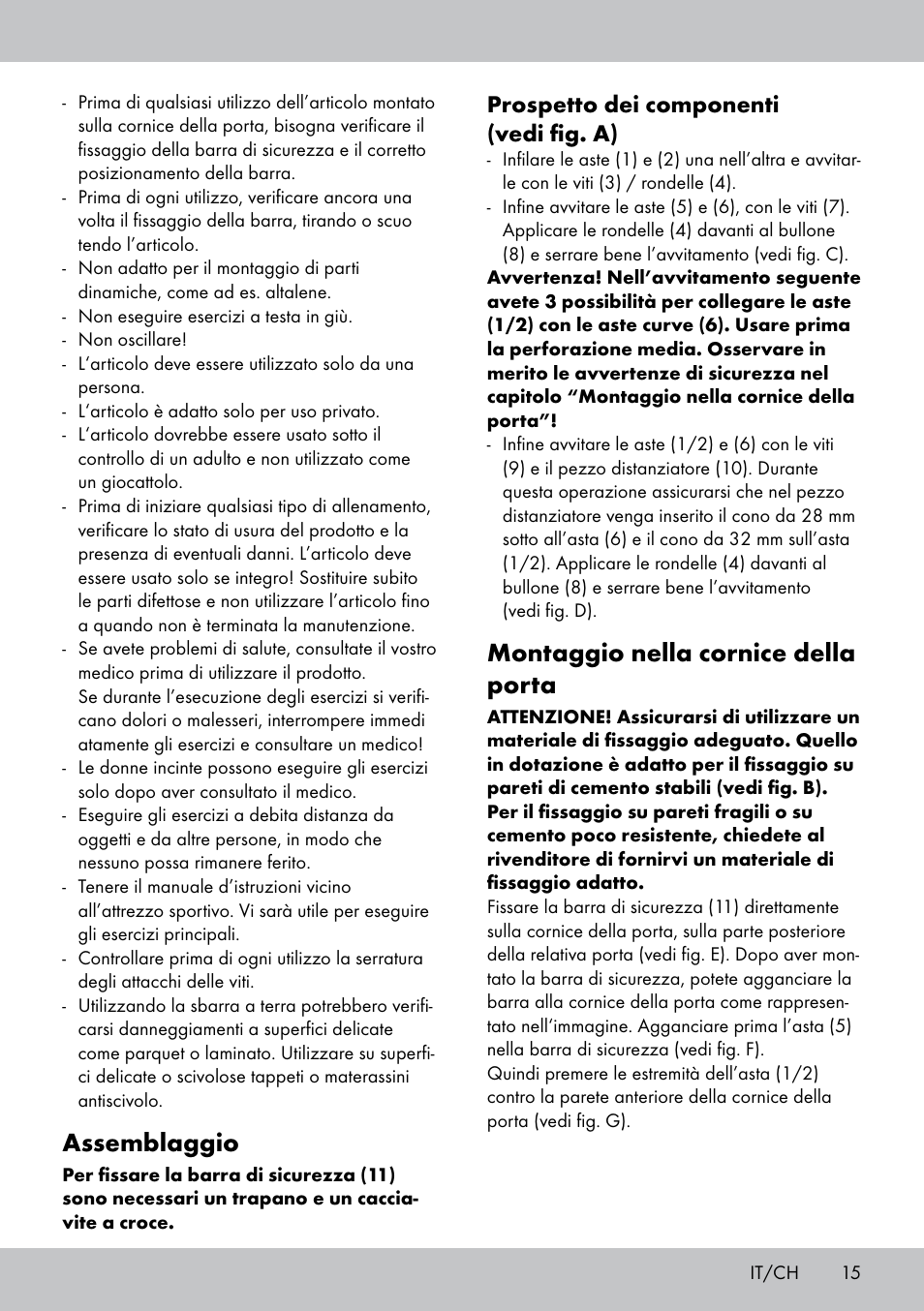 Assemblaggio, Montaggio nella cornice della porta, Prospetto dei componenti (vedi fig. a) | Crivit MR-1442 User Manual | Page 15 / 28