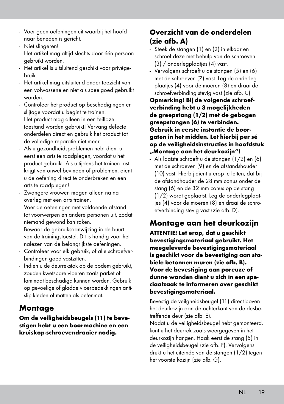 Montage, Montage aan het deurkozijn, Overzicht van de onderdelen (zie afb. a) | Crivit MR-1442 User Manual | Page 19 / 28