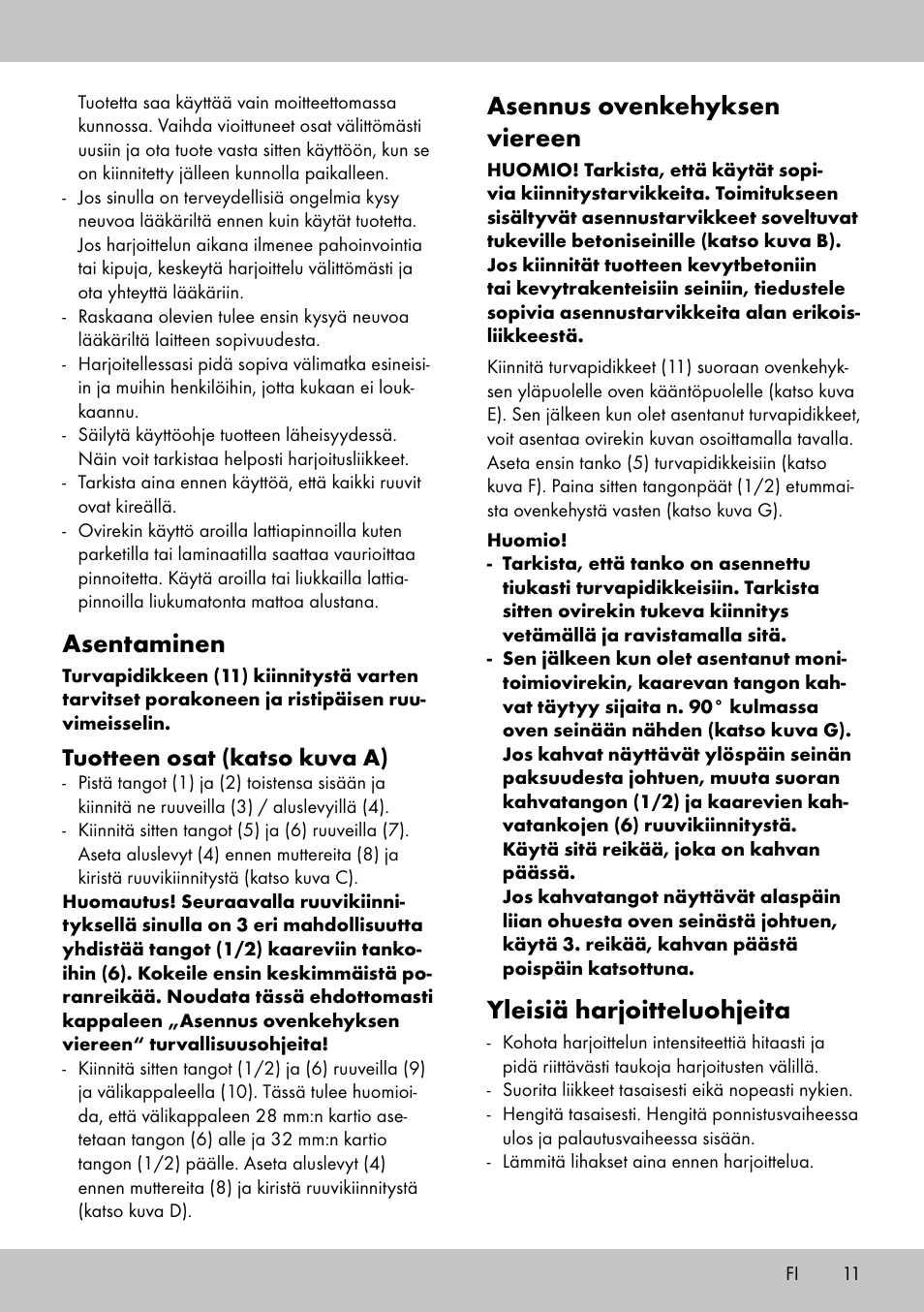 Asentaminen, Asennus ovenkehyksen viereen, Yleisiä harjoitteluohjeita | Tuotteen osat (katso kuva a) | Crivit MR-1442 User Manual | Page 11 / 36