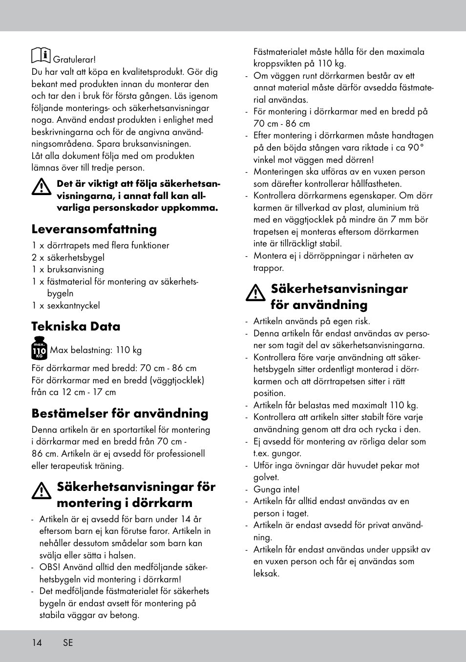 Leveransomfattning, Tekniska data, Bestämelser för användning | Säkerhetsanvisningar för montering i dörrkarm, Säkerhetsanvisningar för användning | Crivit MR-1442 User Manual | Page 14 / 36