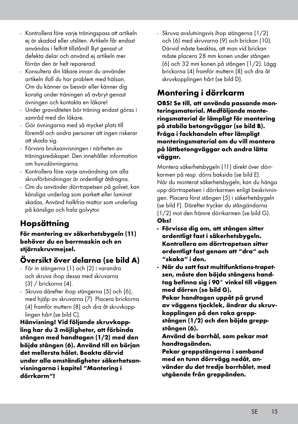 Hopsättning, Montering i dörrkarm, Översikt över delarna (se bild a) | Crivit MR-1442 User Manual | Page 15 / 36