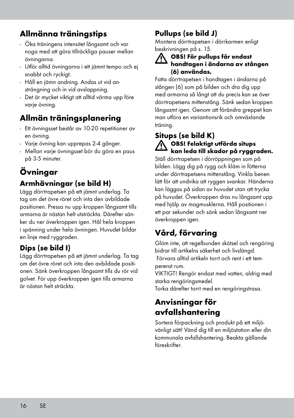 Allmänna träningstips, Allmän träningsplanering, Övningar | Vård, förvaring, Anvisningar för avfallshantering | Crivit MR-1442 User Manual | Page 16 / 36