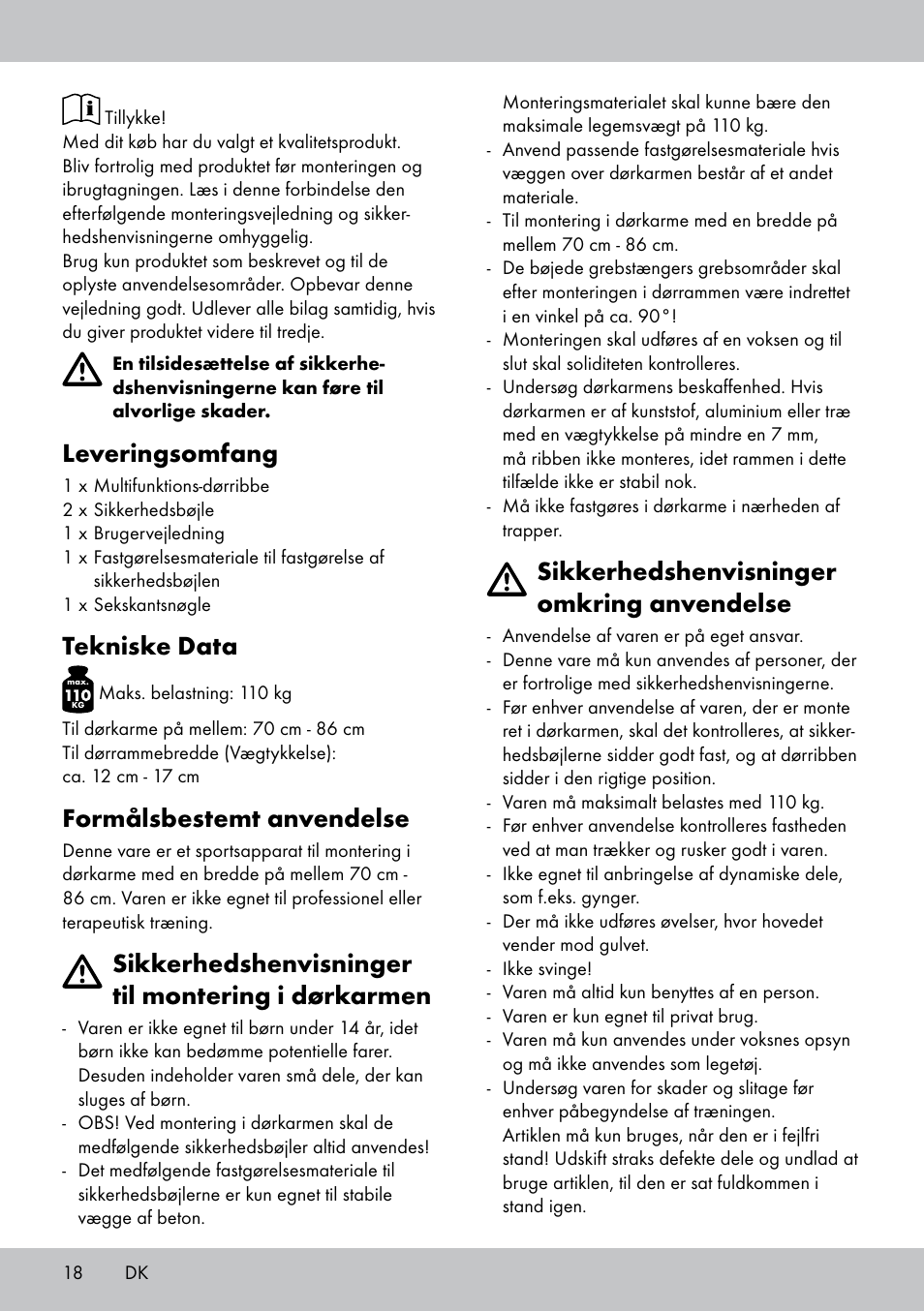 Leveringsomfang, Tekniske data, Formålsbestemt anvendelse | Sikkerhedshenvisninger til montering i dørkarmen, Sikkerhedshenvisninger omkring anvendelse | Crivit MR-1442 User Manual | Page 18 / 36