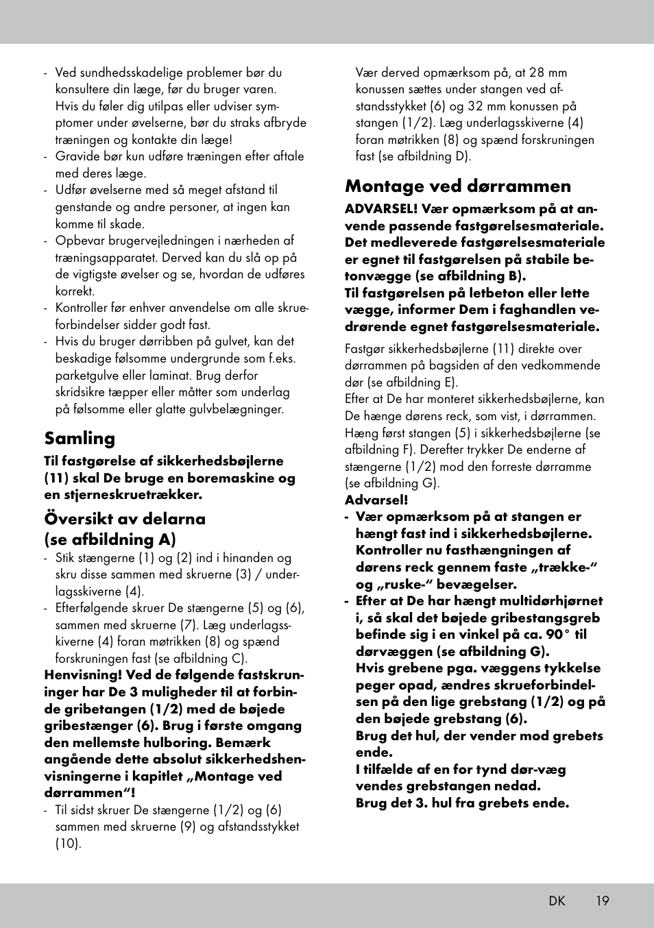 Samling, Montage ved dørrammen, Översikt av delarna (se afbildning a) | Crivit MR-1442 User Manual | Page 19 / 36