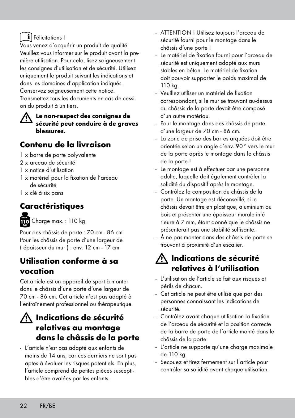 Contenu de la livraison, Caractéristiques, Utilisation conforme à sa vocation | Indications de sécurité relatives à l‘utilisation | Crivit MR-1442 User Manual | Page 22 / 36