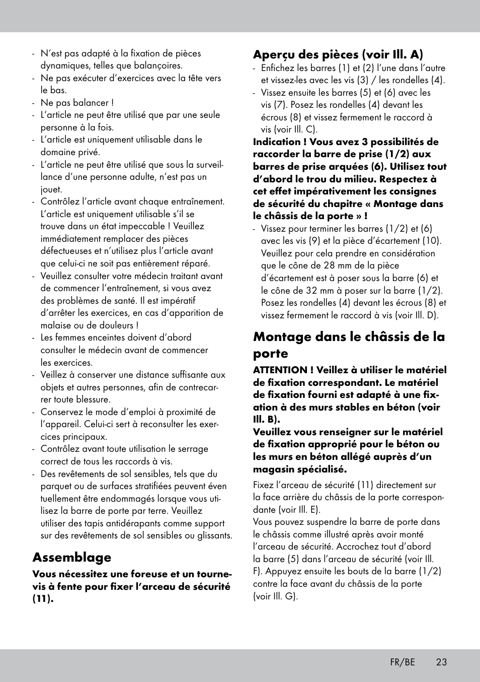 Assemblage, Montage dans le châssis de la porte, Aperçu des pièces (voir ill. a) | Crivit MR-1442 User Manual | Page 23 / 36