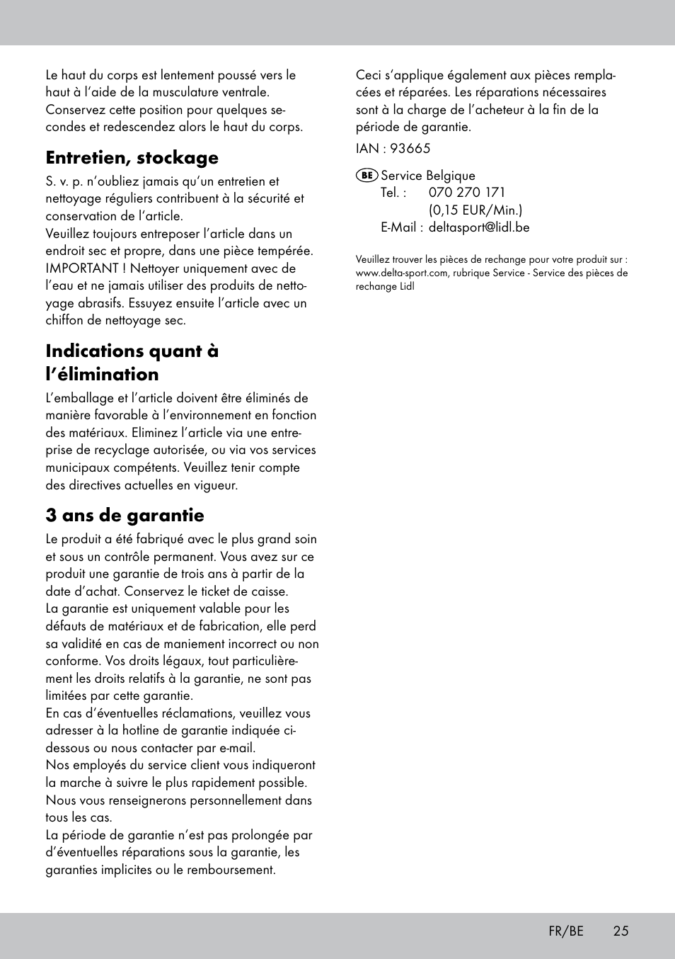 Entretien, stockage, Indications quant à l’élimination, 3 ans de garantie | Crivit MR-1442 User Manual | Page 25 / 36