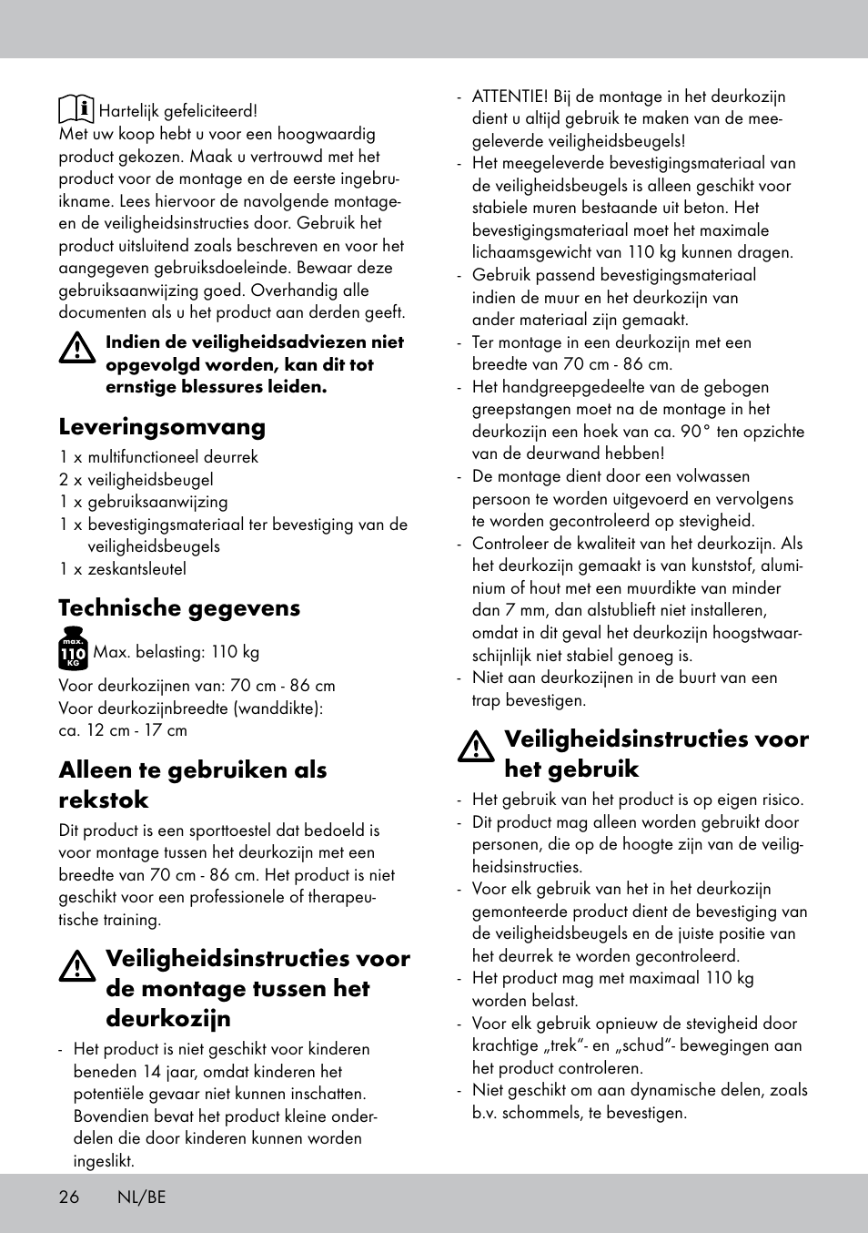 Leveringsomvang, Technische gegevens, Alleen te gebruiken als rekstok | Veiligheidsinstructies voor het gebruik | Crivit MR-1442 User Manual | Page 26 / 36