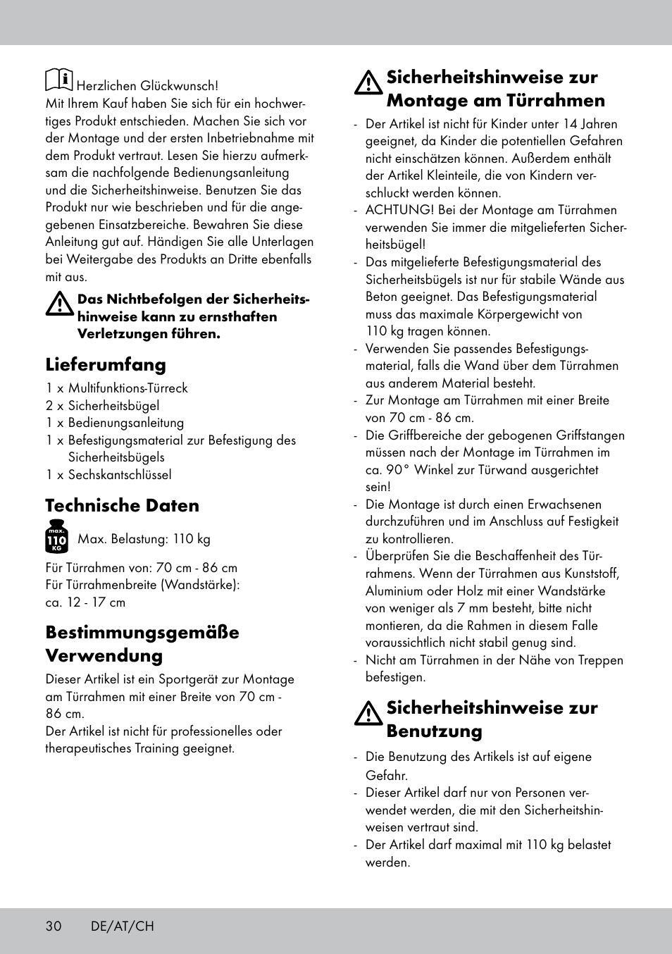 Sicherheitshinweise zur montage am türrahmen, Sicherheitshinweise zur benutzung, Lieferumfang | Technische daten, Bestimmungsgemäße verwendung | Crivit MR-1442 User Manual | Page 30 / 36