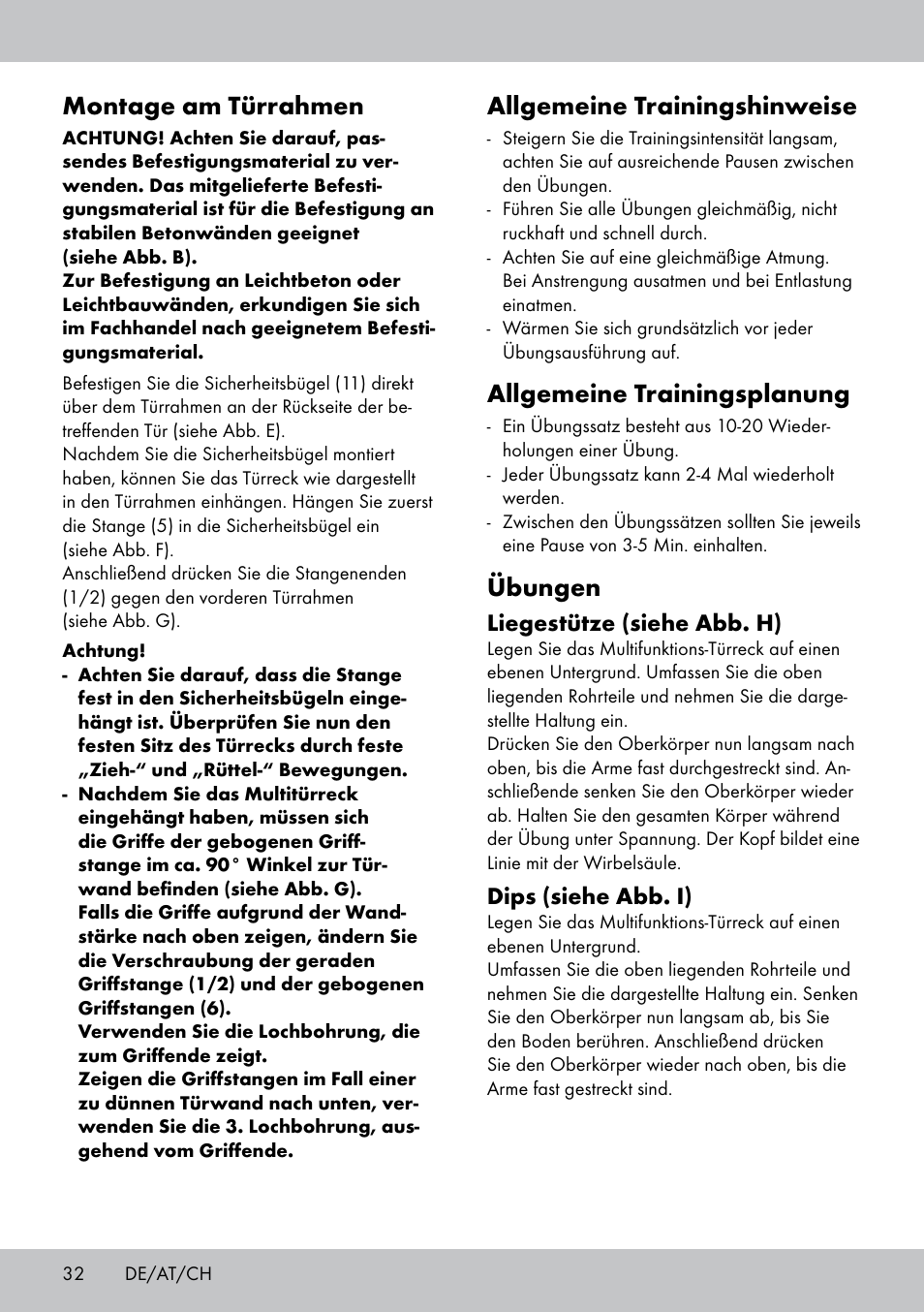 Montage am türrahmen, Allgemeine trainingshinweise, Allgemeine trainingsplanung | Übungen, Liegestütze (siehe abb. h), Dips (siehe abb. i) | Crivit MR-1442 User Manual | Page 32 / 36